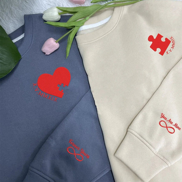 Personalized Heart And Puzzle Couple Embroidered Sweatshirt