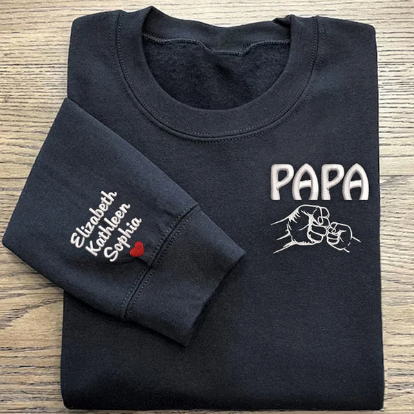 Personalized Papa Hands And Kid Names Embroidered Sweatshirt