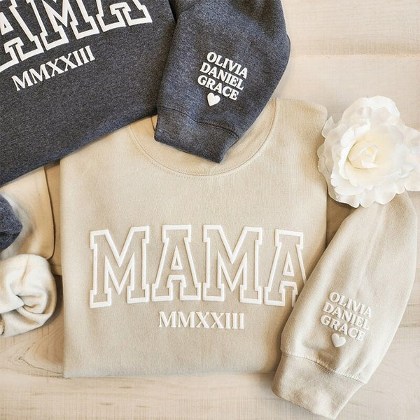 Personalized Sweatshirt Puff Print Mama Design with Custom Date and Names