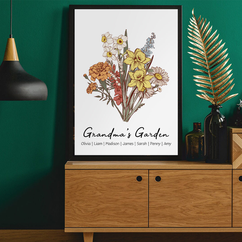 Cadre personnalisé avec noms, bouquet familial de fleurs de naissance, jardin de maman, jardin de grand-mère.