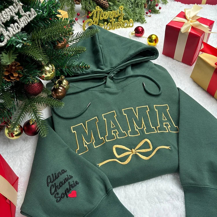 Sweat-shirt brodé Custom Bow Mama avec les noms des enfants sur la manche