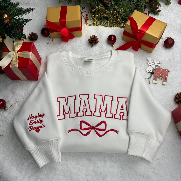 Sweat-shirt brodé Custom Bow Mama avec les noms des enfants sur la manche