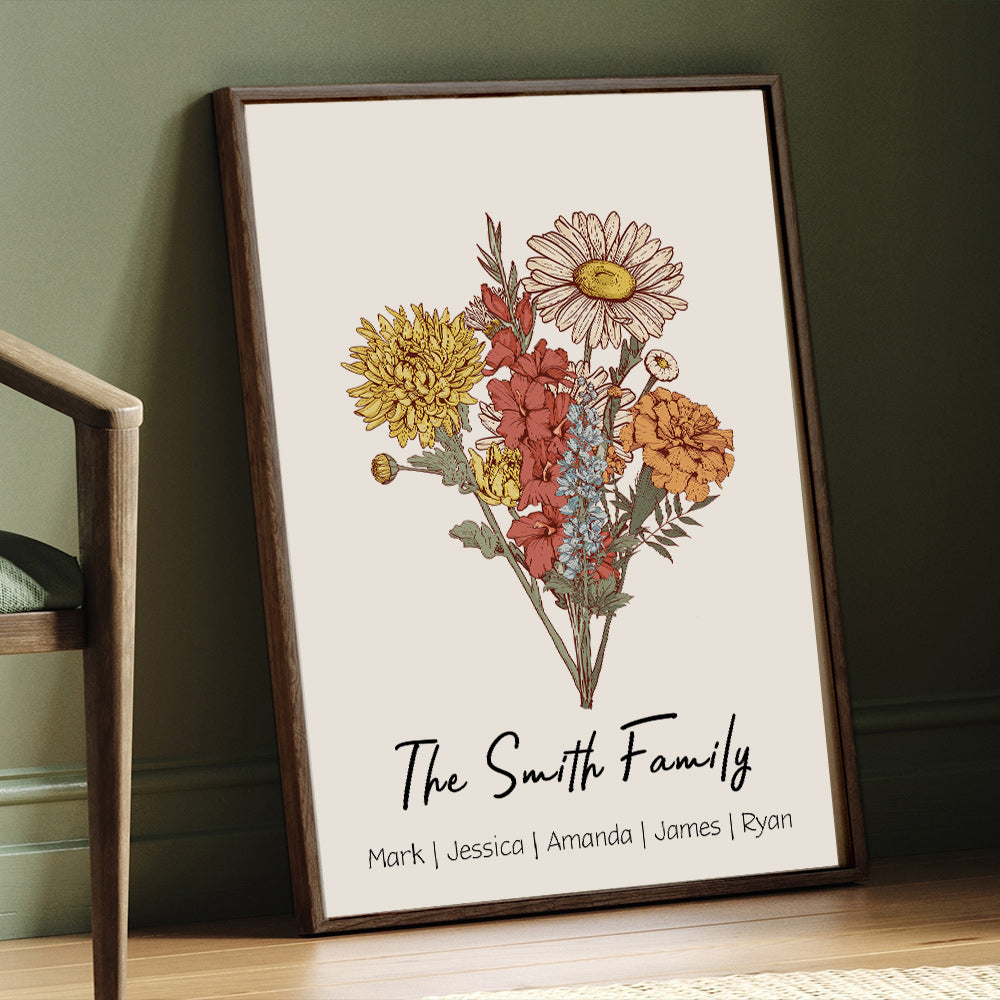 Cadre personnalisé avec noms, bouquet familial de fleurs de naissance, jardin de maman, jardin de grand-mère.