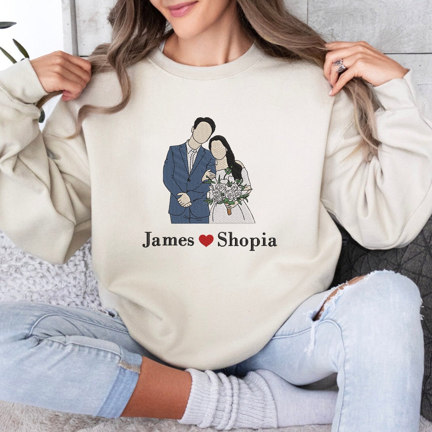 Foto de pareja bordada personalizada, regalos de boda en retrato, sudadera bordada, personalizada para San Valentín, regalo del primer aniversario