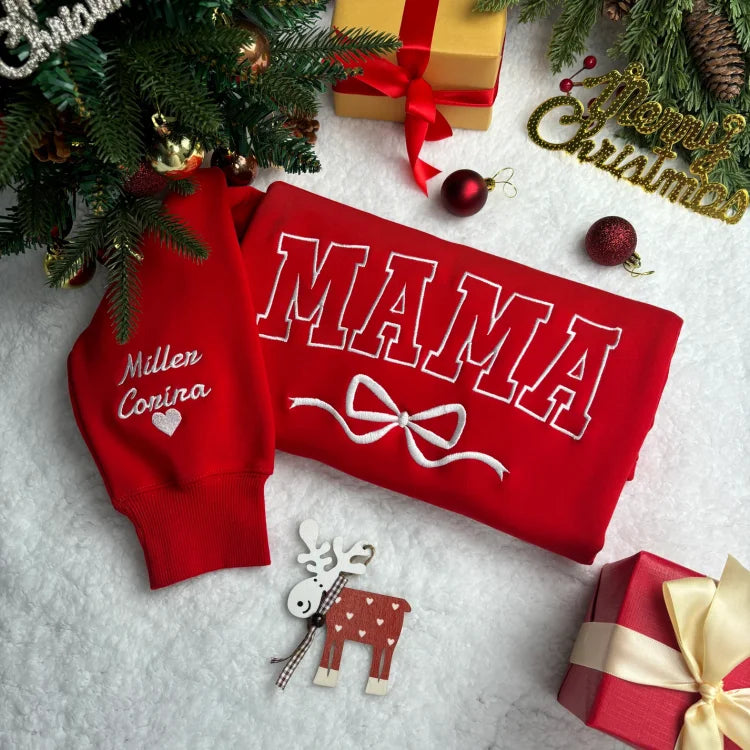 Sweat-shirt brodé Custom Bow Mama avec les noms des enfants sur la manche