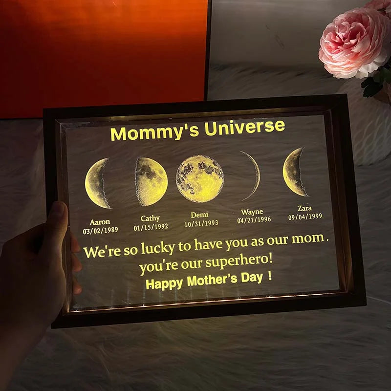 Marco de luz LED con texto y fecha - Mum's Universe