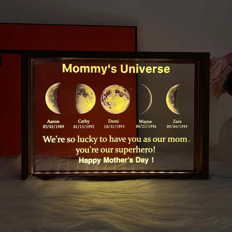Marco de luz LED con texto y fecha - Mum's Universe