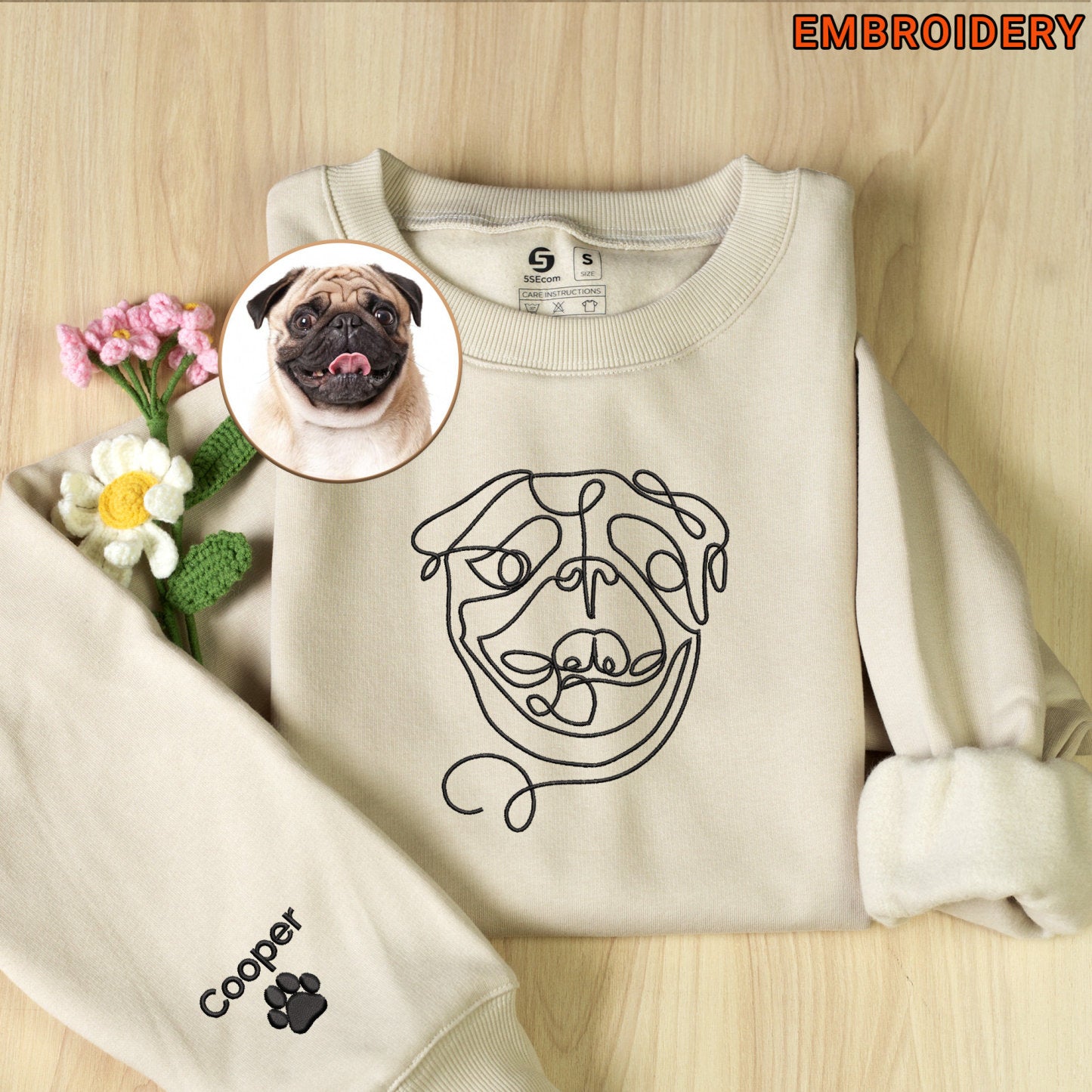 Sweat-shirt et sweat à capuche à col rond avec dessin linéaire brodé personnalisé