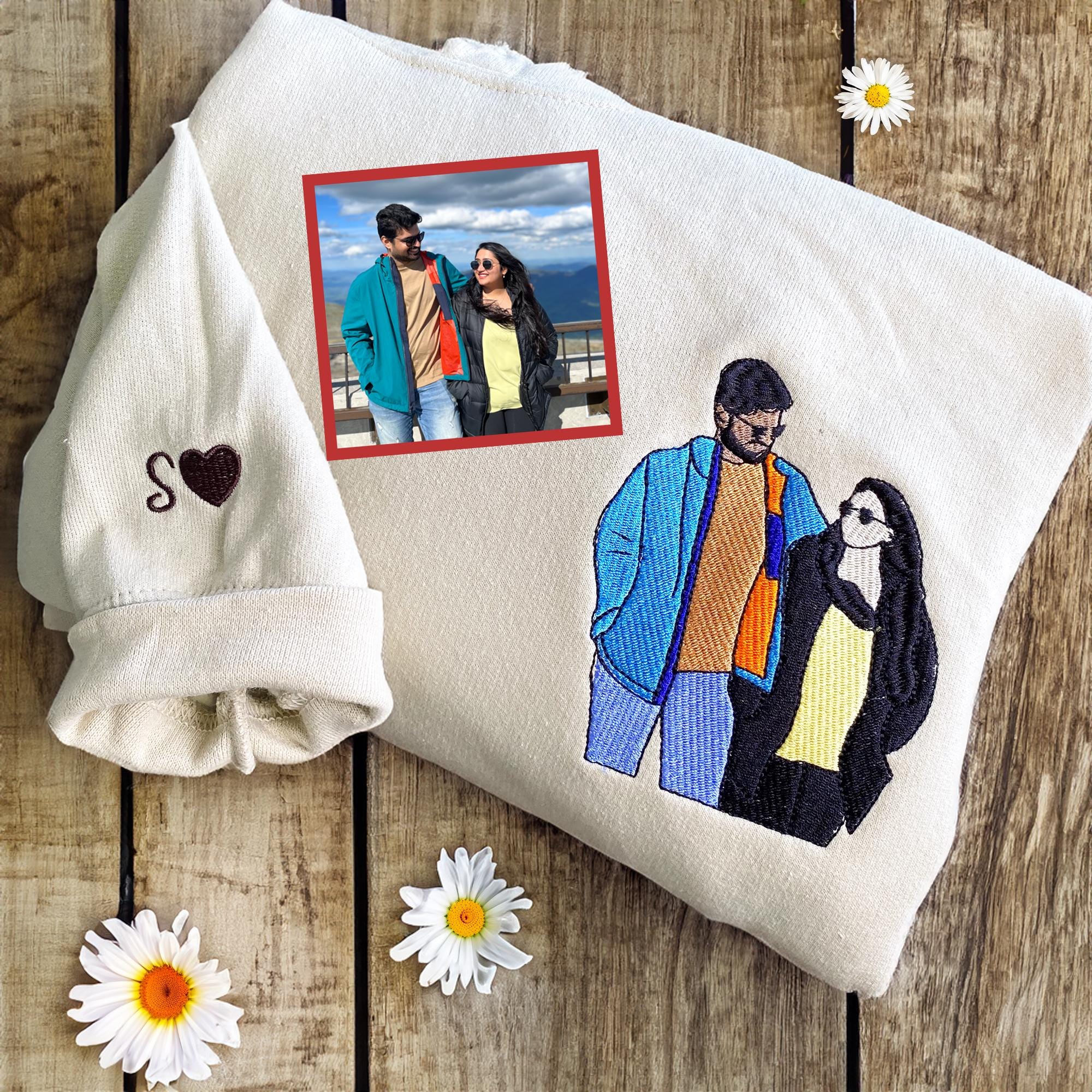 Foto de pareja bordada personalizada, regalos de boda en retrato, sudadera bordada, personalizada para San Valentín, regalo del primer aniversario