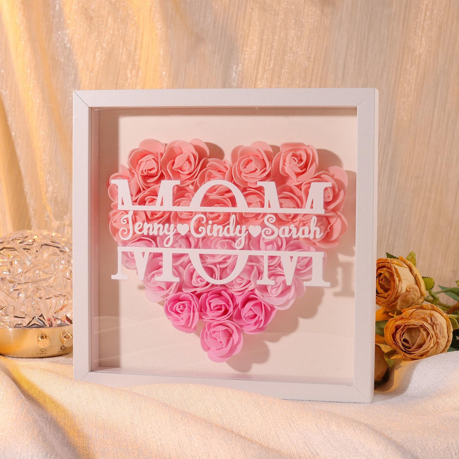 Scatola Ombra a Forma di Cuore con Fiori Personalizzati per la Mamma, Scatola Ombra con Rose e Nomi - Regalo per Mamma e Nonna