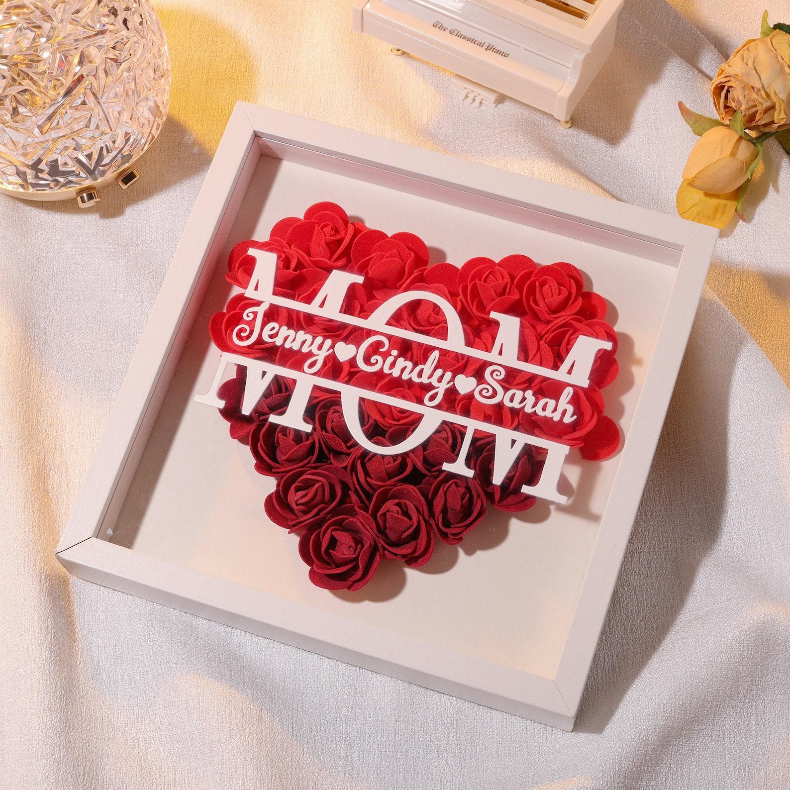 Scatola Ombra a Forma di Cuore con Fiori Personalizzati per la Mamma, Scatola Ombra con Rose e Nomi - Regalo per Mamma e Nonna