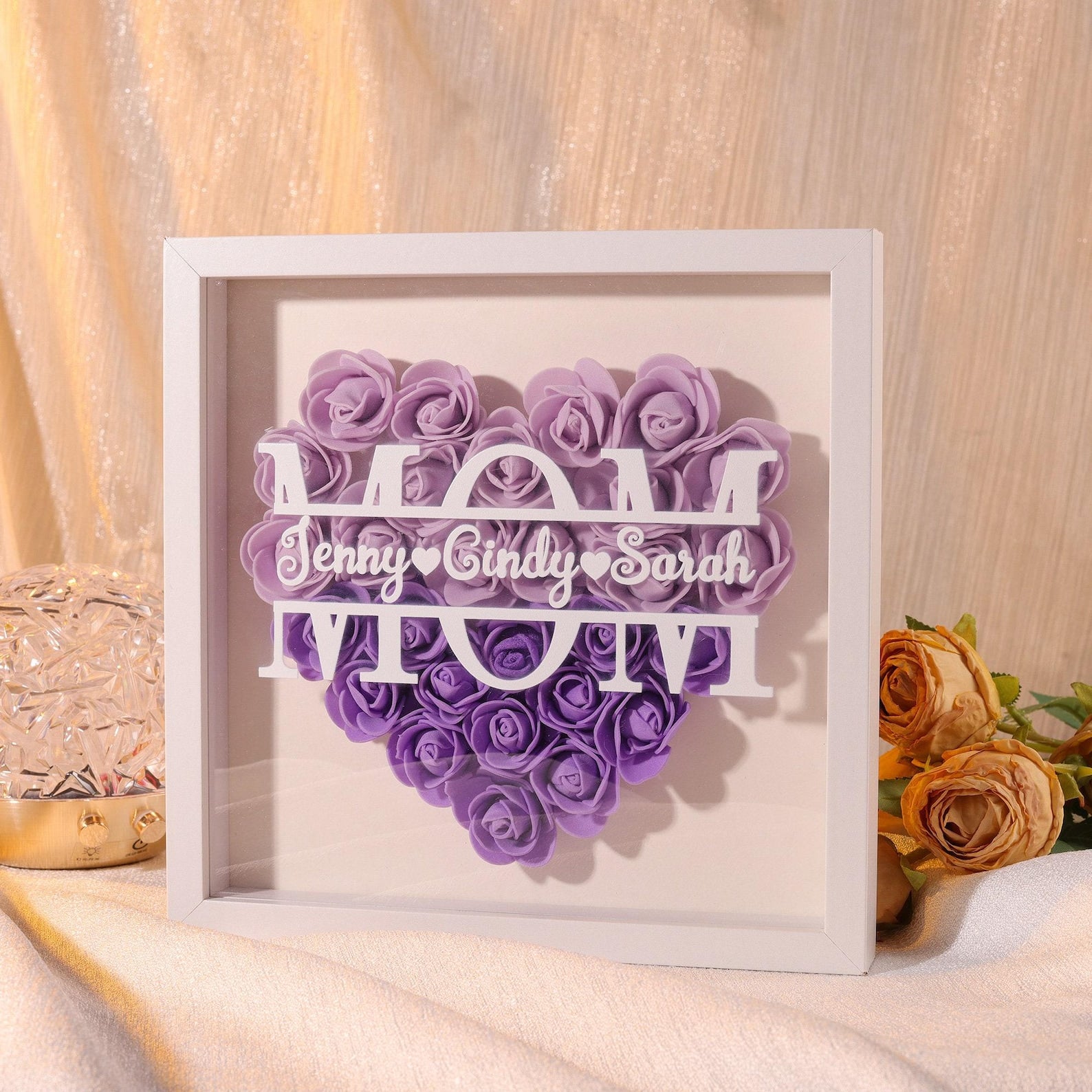 Scatola Ombra a Forma di Cuore con Fiori Personalizzati per la Mamma, Scatola Ombra con Rose e Nomi - Regalo per Mamma e Nonna