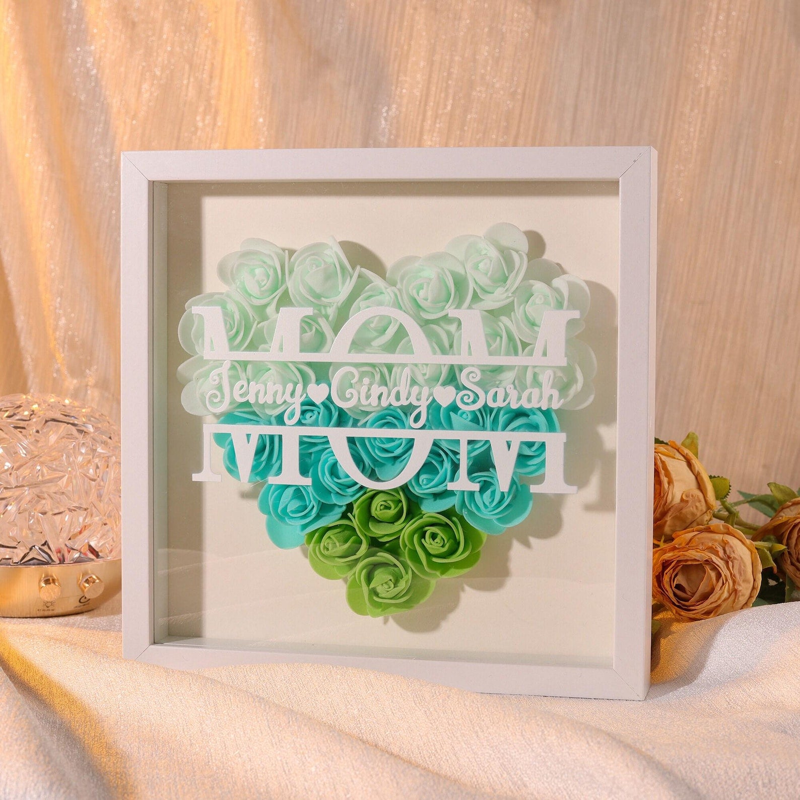 Scatola Ombra a Forma di Cuore con Fiori Personalizzati per la Mamma, Scatola Ombra con Rose e Nomi - Regalo per Mamma e Nonna