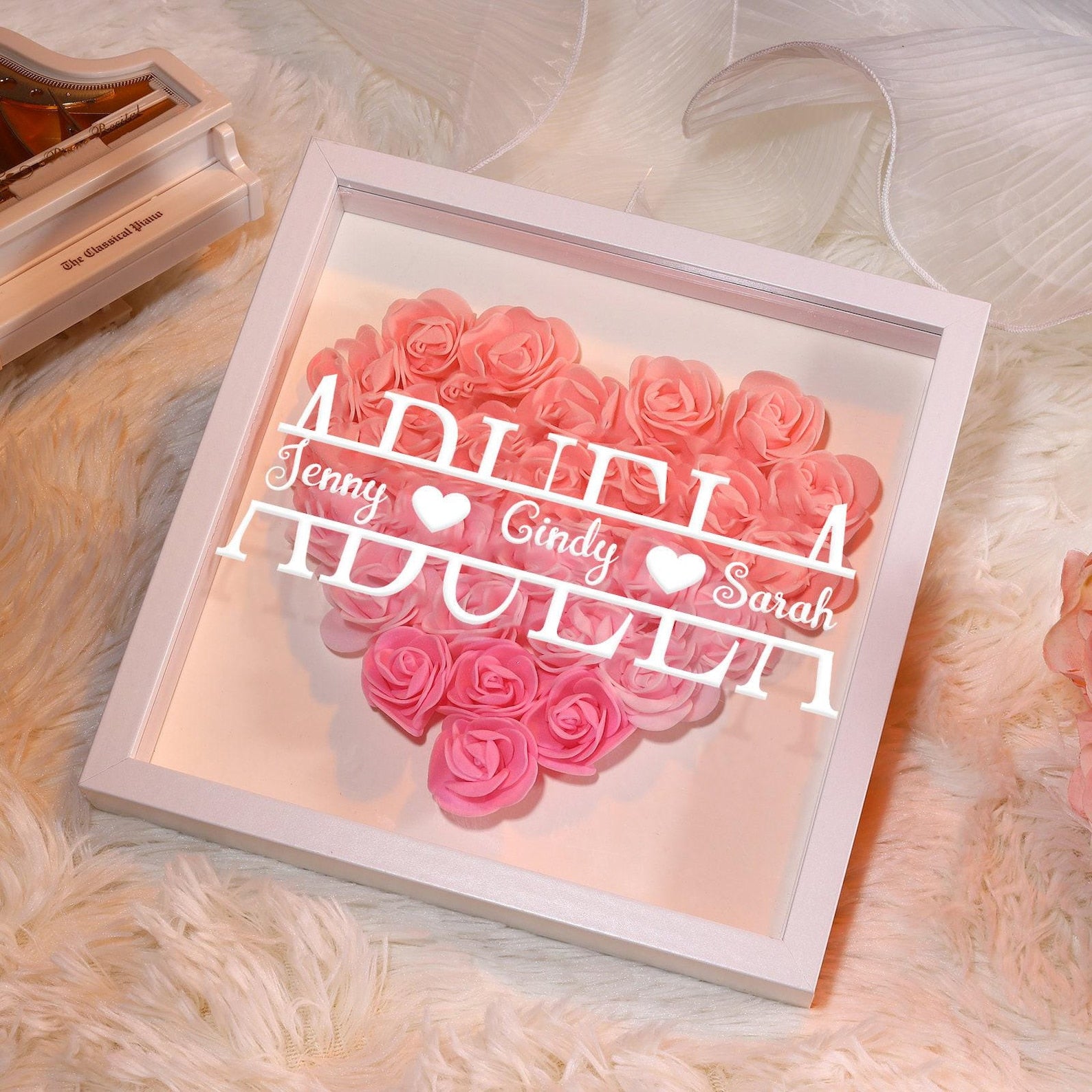 Scatola Ombra a Forma di Cuore con Fiori Personalizzati per la Mamma, Scatola Ombra con Rose e Nomi - Regalo per Mamma e Nonna