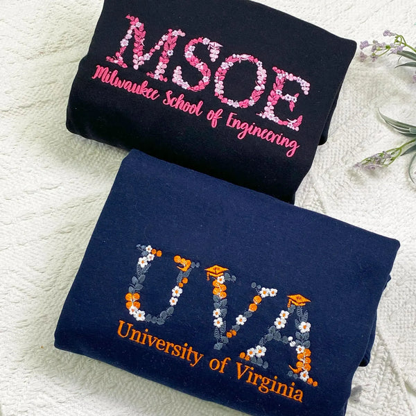 Custom College Floral Letter Embroidered Hoodie/Sweatshirt - Personalized University T-shirt