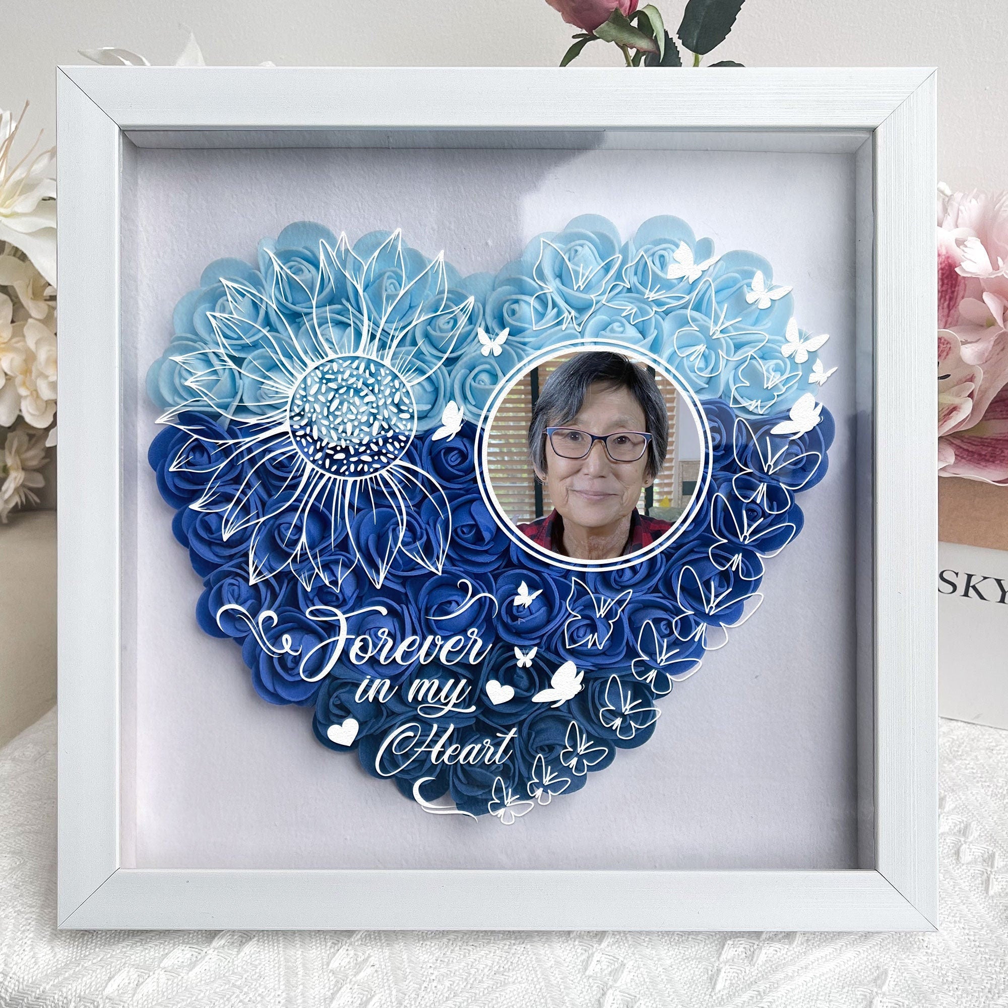 Caja de sombra personalizada con flores, Girasol para siempre en mi corazón Caja de sombra con foto personalizada de flores - Para amantes (Personalizado gratis)